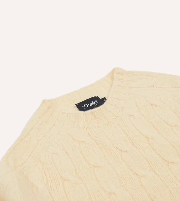 Drake039s Ecru Brushed Shetland Cable Knit Crew Neck Jumper Men Knitwear