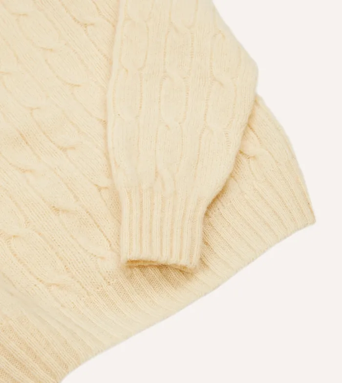 Drake039s Ecru Brushed Shetland Cable Knit Crew Neck Jumper Men Knitwear