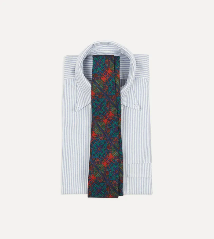 Drake039s Green And Orange Mosaic Tile Print Madder Silk Self Tipped Tie Men Patterned Ties