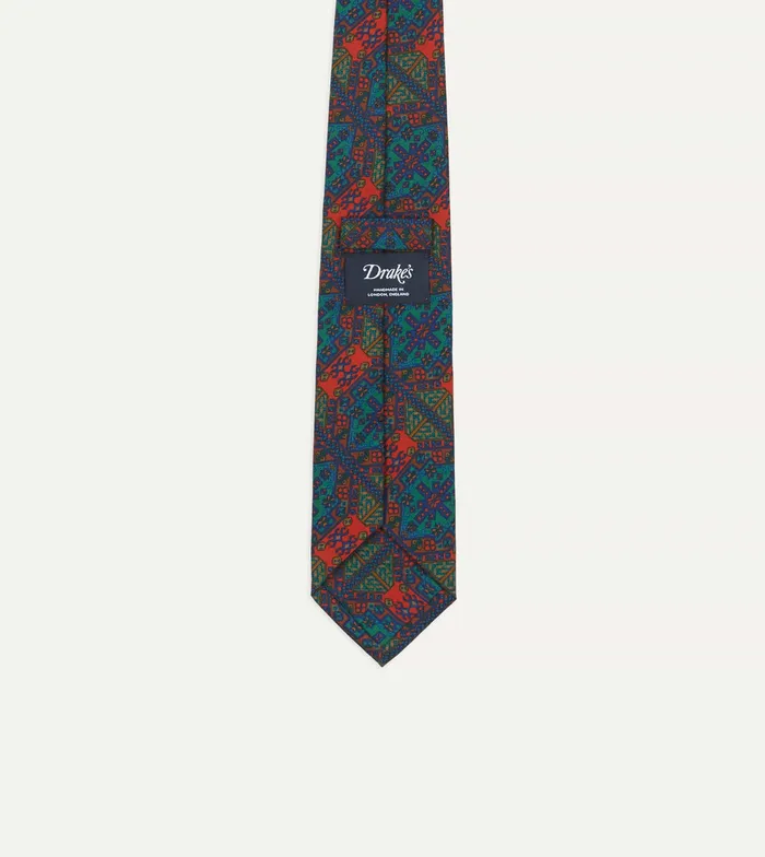 Drake039s Green And Orange Mosaic Tile Print Madder Silk Self Tipped Tie Men Patterned Ties