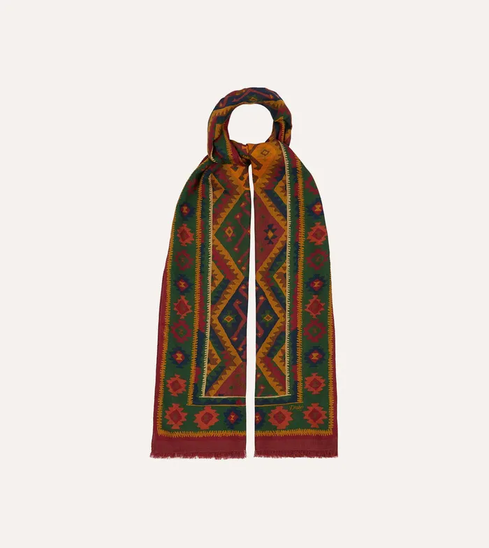 Drake039s Green Kilim Print WoolSilk Scarf Men Scarves