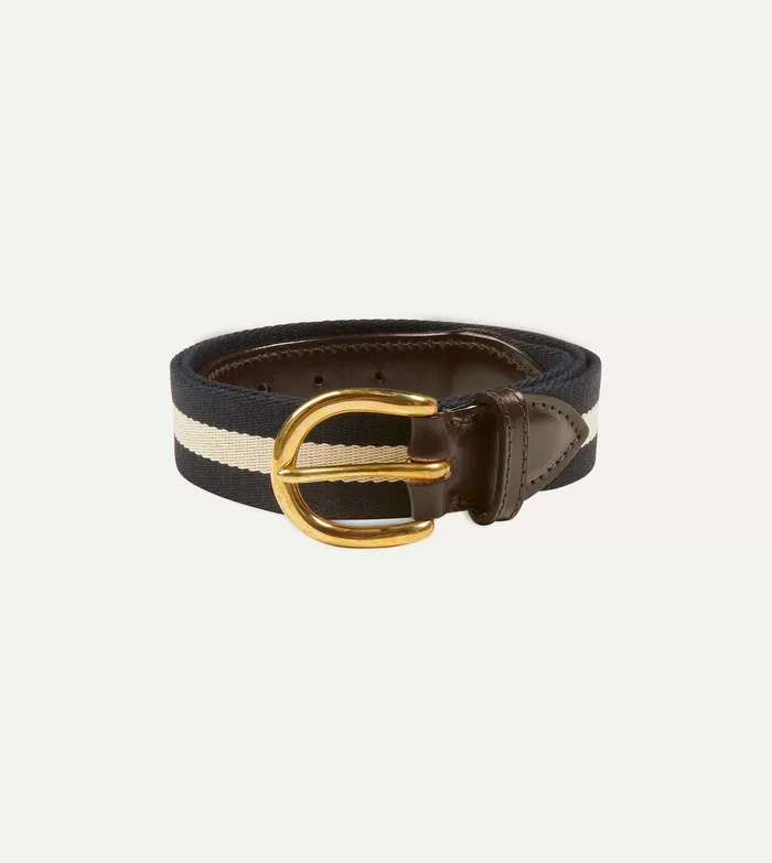 Drake039s Navy And Ecru Stripe Webbing And Leather Belt With Brass Buckle Men Belts