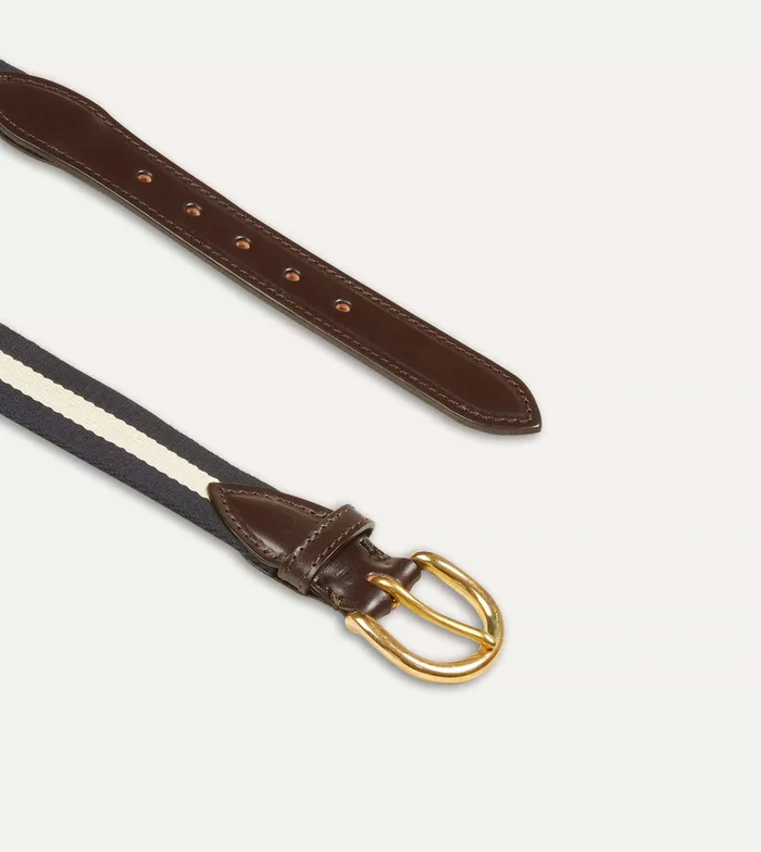 Drake039s Navy And Ecru Stripe Webbing And Leather Belt With Brass Buckle Men Belts