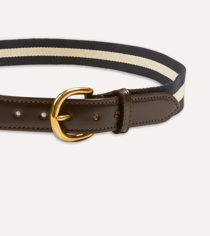 Drake039s Navy And Ecru Stripe Webbing And Leather Belt With Brass Buckle Men Belts