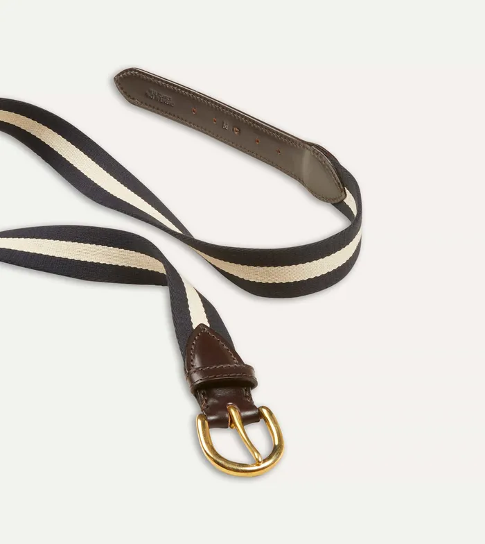 Drake039s Navy And Ecru Stripe Webbing And Leather Belt With Brass Buckle Men Belts