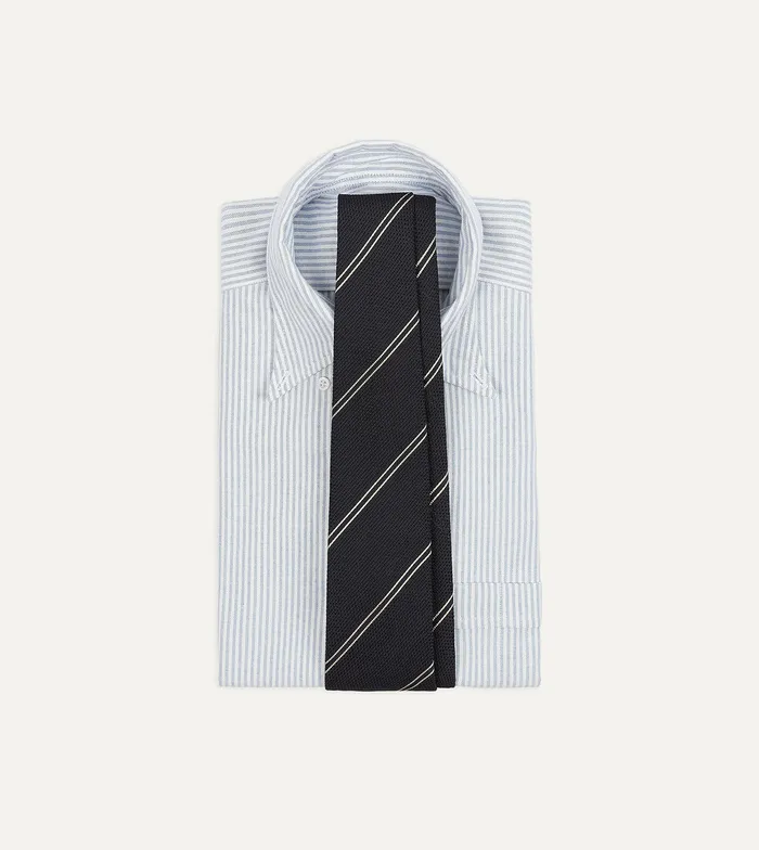 Drake039s Navy And Silver Sandwich Stripe Hand Rolled Silk Grenadine Tie Men Striped Ties
