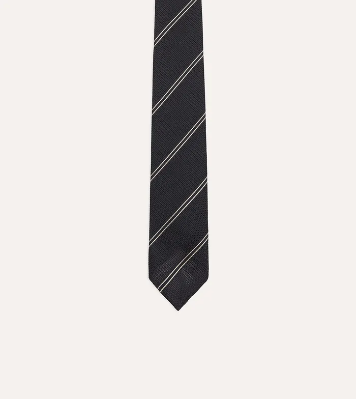 Drake039s Navy And Silver Sandwich Stripe Hand Rolled Silk Grenadine Tie Men Striped Ties