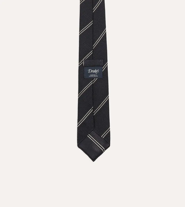 Drake039s Navy And Silver Sandwich Stripe Hand Rolled Silk Grenadine Tie Men Striped Ties