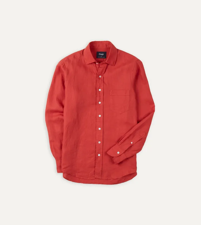 Drake039s Red Linen Spread Collar Shirt Men Linen Shirts