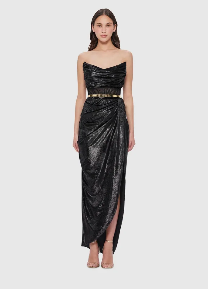 Dresses and Jumpsuits Women LEO LIN Madelyn Velvet Draped Split Dress 8211 Ebony