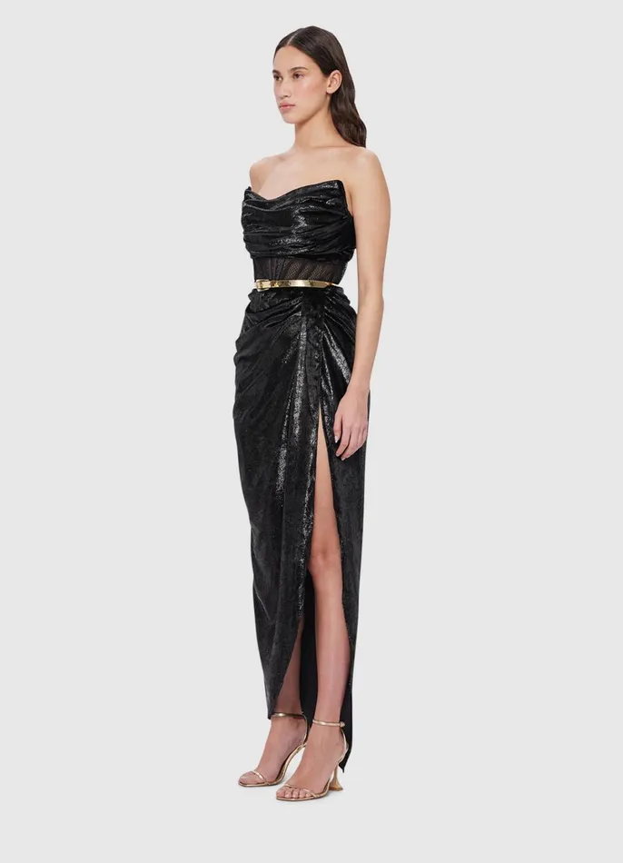 Dresses and Jumpsuits Women LEO LIN Madelyn Velvet Draped Split Dress 8211 Ebony
