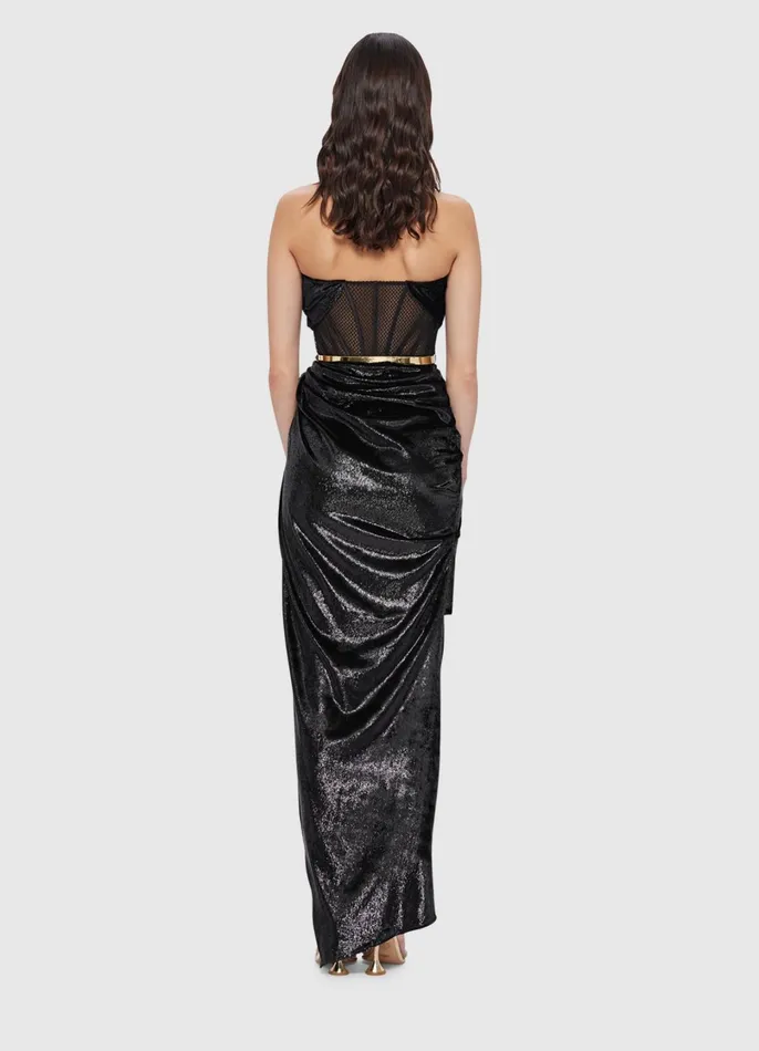 Dresses and Jumpsuits Women LEO LIN Madelyn Velvet Draped Split Dress 8211 Ebony