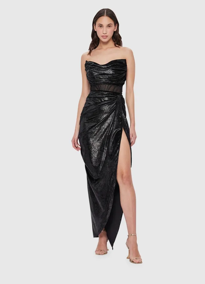 Dresses and Jumpsuits Women LEO LIN Madelyn Velvet Draped Split Dress 8211 Ebony