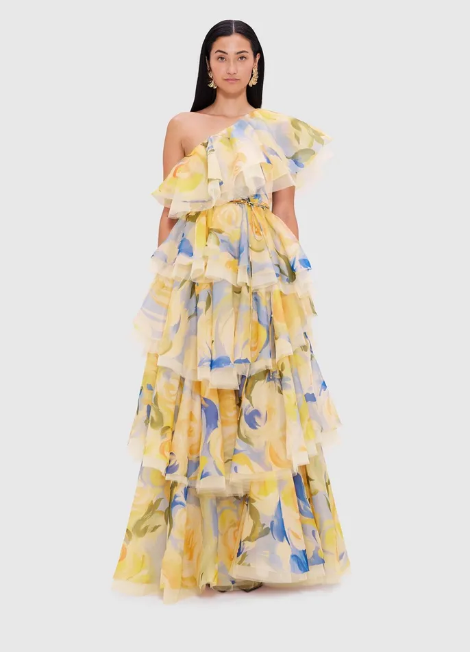 Dresses and Jumpsuits Women LEO LIN Paloma One Shoulder Ruffled Gown 8211 Bouquet Print