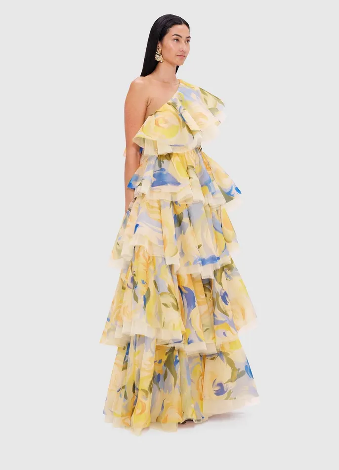 Dresses and Jumpsuits Women LEO LIN Paloma One Shoulder Ruffled Gown 8211 Bouquet Print