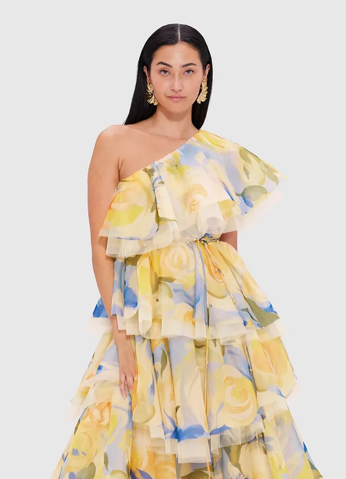 Dresses and Jumpsuits Women LEO LIN Paloma One Shoulder Ruffled Gown 8211 Bouquet Print