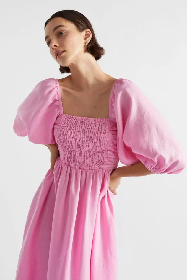 Dresses Woman Seed Heritage Linen Shirred Midi Dress Pink Gin