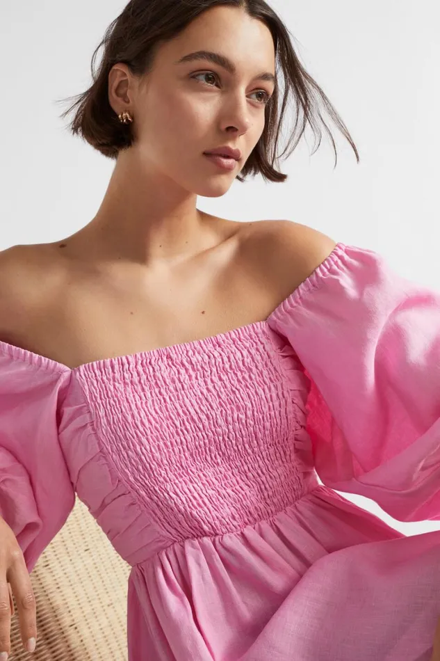 Dresses Woman Seed Heritage Linen Shirred Midi Dress Pink Gin