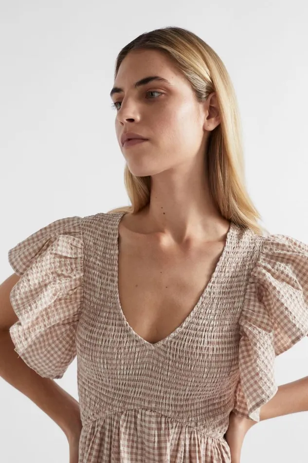 Dresses Woman Seed Heritage Textured Gingham Shirred Midi Dress Cookie Gingham