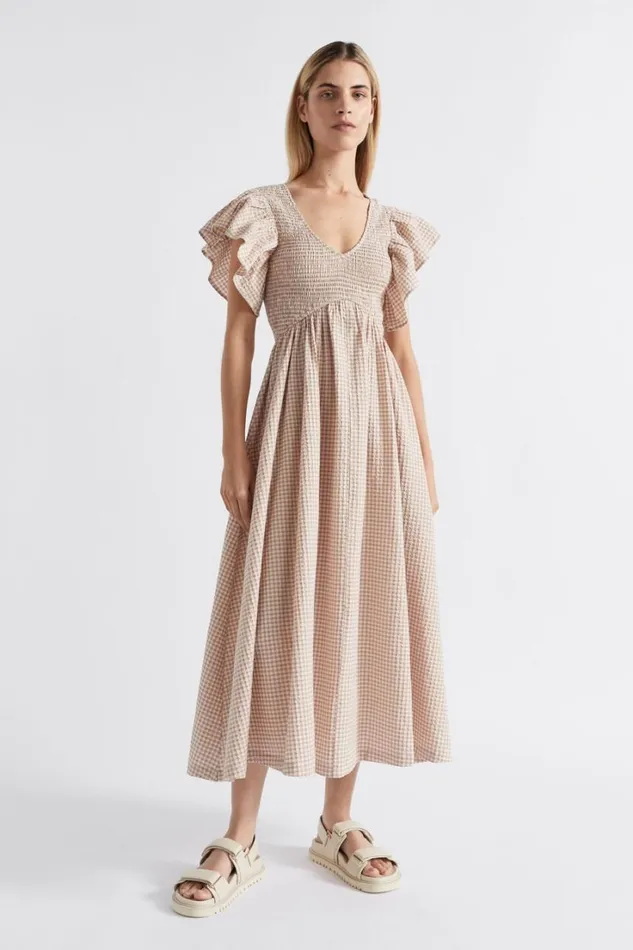 Dresses Woman Seed Heritage Textured Gingham Shirred Midi Dress Cookie Gingham