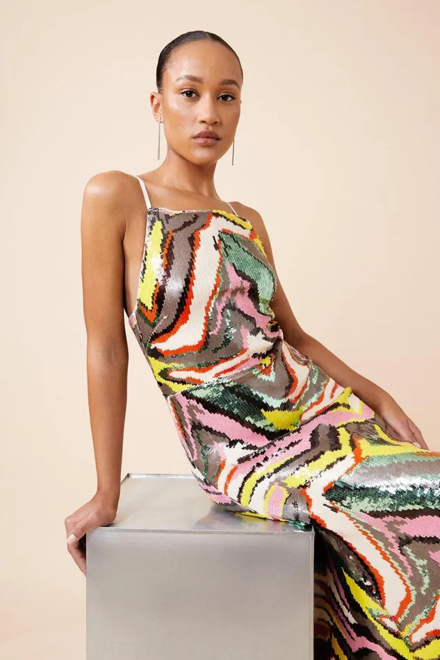 Dresses Women Karen Millen Abstract Sequin Embellished Woven Strappy Midi Dress Multi