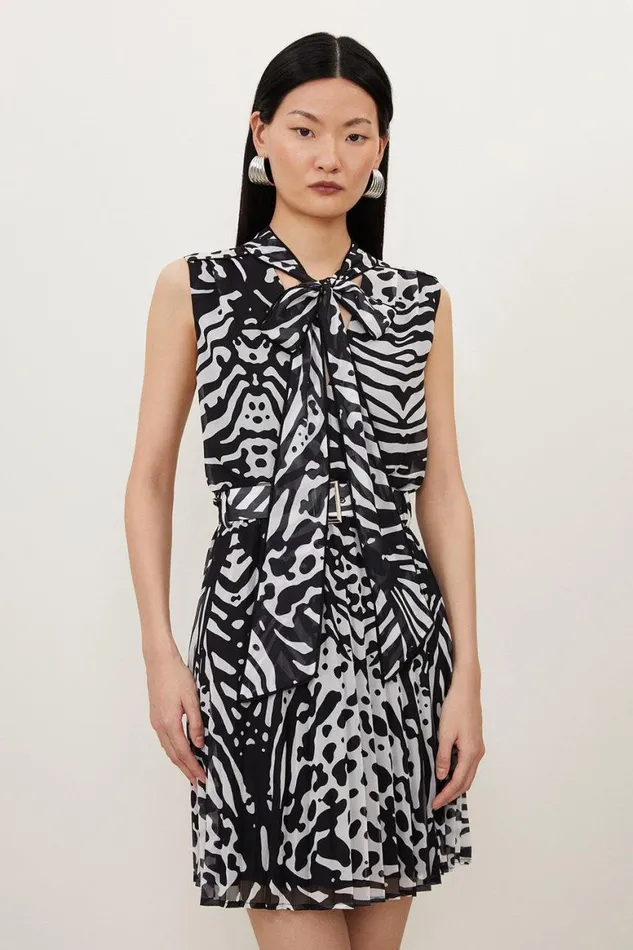 Dresses Women Karen Millen Animal Print Georgette Woven Tie Neck Mini Dress Black Dresses Women Karen Millen Animal Print Georgette Woven Tie Neck Mini Dress Black