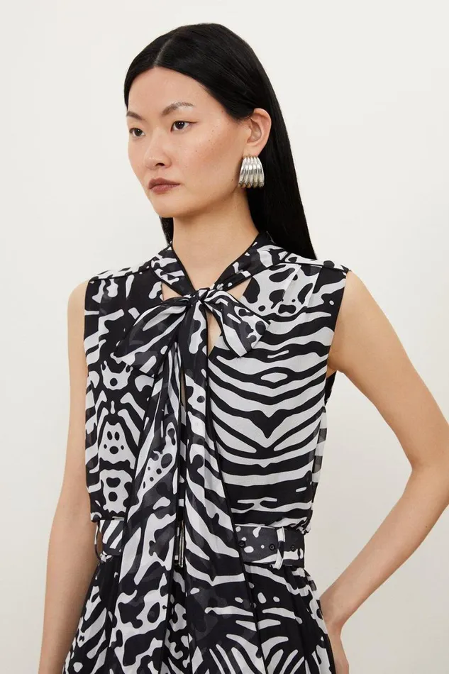 Dresses Women Karen Millen Animal Print Georgette Woven Tie Neck Mini Dress Black