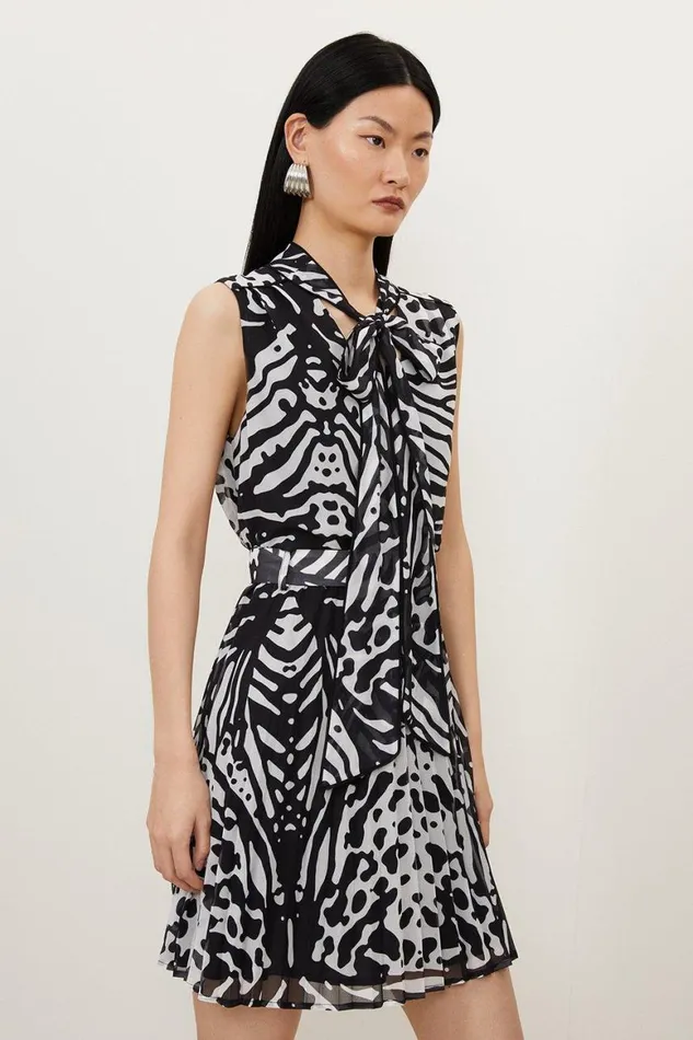 Dresses Women Karen Millen Animal Print Georgette Woven Tie Neck Mini Dress Black