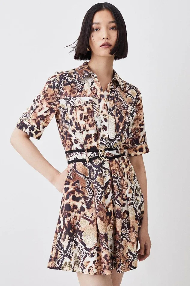 Dresses Women Karen Millen Animal Print Premium Linen Mini Shirt Dress Animal