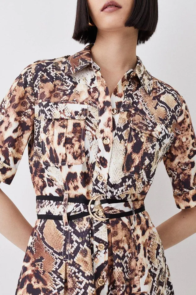 Dresses Women Karen Millen Animal Print Premium Linen Mini Shirt Dress Animal