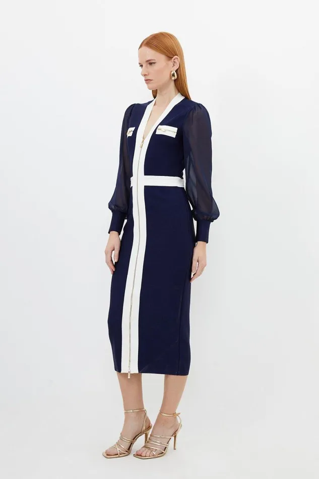 Dresses Women Karen Millen Bandage Form Fitting Chiffon Sleeve Midi Dress Navy