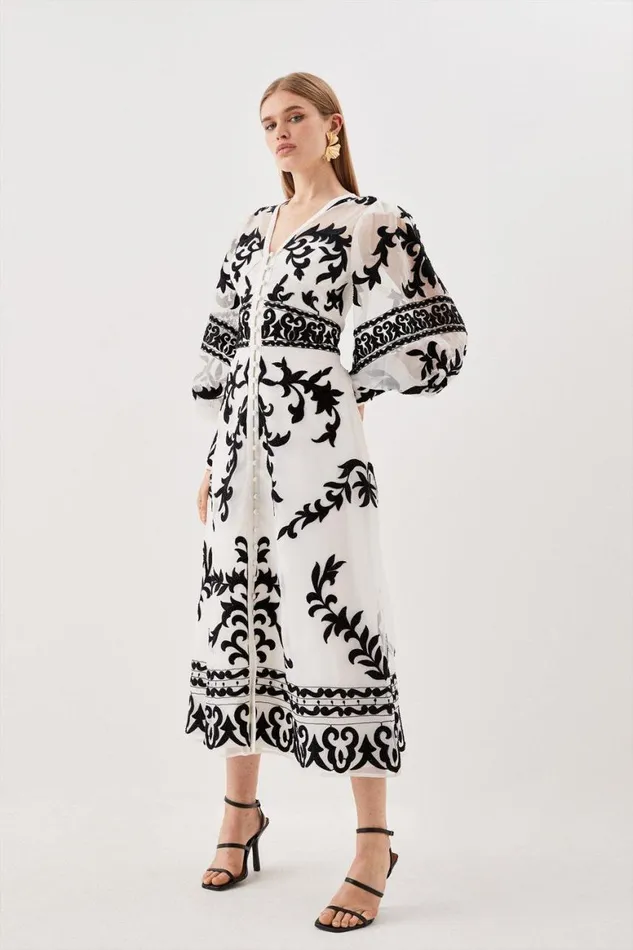 Dresses Women Karen Millen Baroque Applique Woven Midi Dress Ivory