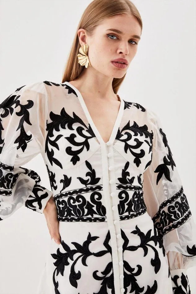 Dresses Women Karen Millen Baroque Applique Woven Midi Dress Ivory