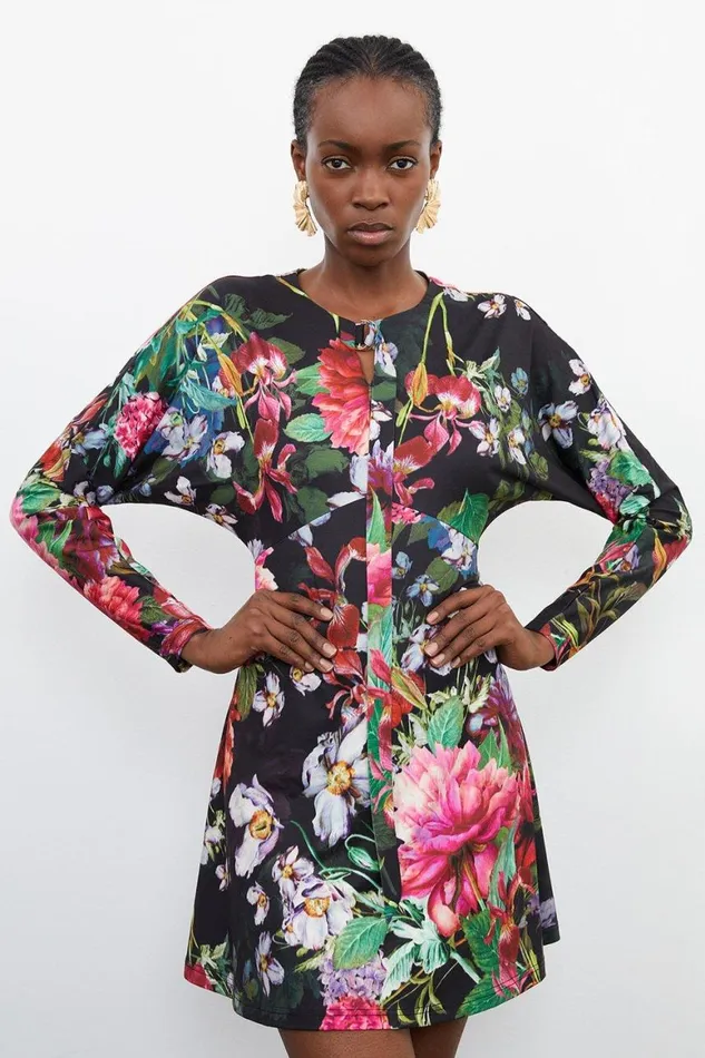 Dresses Women Karen Millen Botanic Floral Jersey Crepe Batwing Sleeve Mini Dress Floral