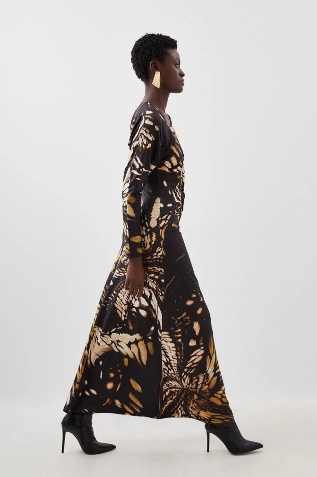 Dresses Women Karen Millen Butterfly Print Asymmetric Jersey Crepe Maxi Dress Black