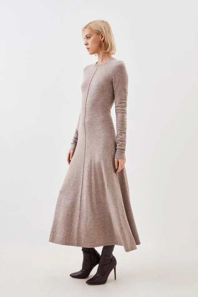 Dresses Women Karen Millen Cashmere Wool Crew Neck Ruched Sleeve Midi Dress Taupe