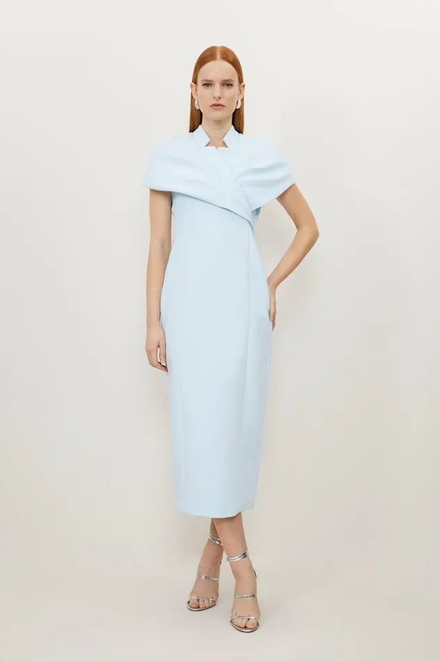 Dresses Women Karen Millen Clean Tailored Wrap Cape Sleeve Midi Pencil Dress Pale Blue Dresses Women Karen Millen Clean Tailored Wrap Cape Sleeve Midi Pencil Dress Pale Blue