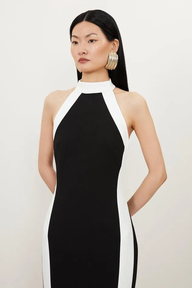 Dresses Women Karen Millen Compact Stretch Contrast Halter Neck Tailored Midi Dress Black