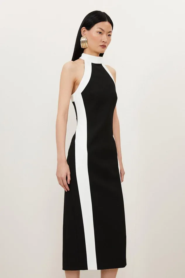 Dresses Women Karen Millen Compact Stretch Contrast Halter Neck Tailored Midi Dress Black
