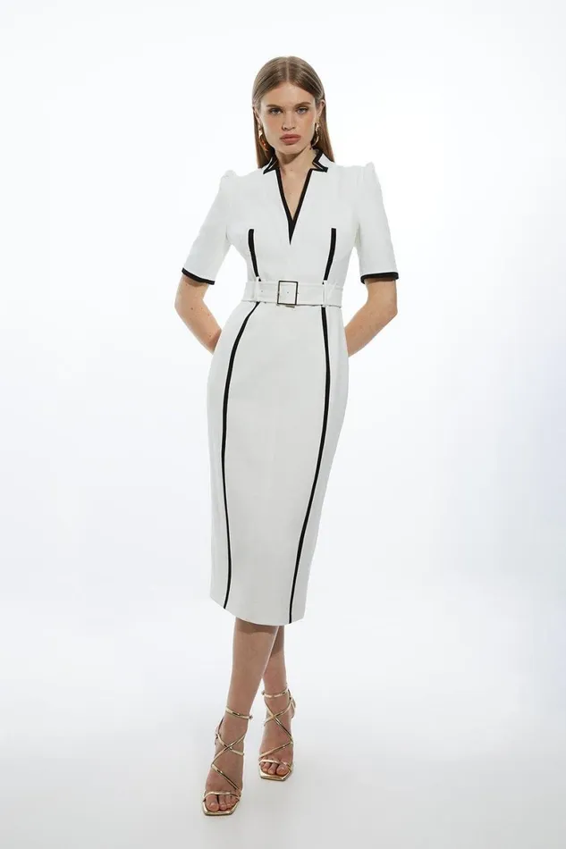 Dresses Women Karen Millen Compact Stretch Contrast Tipped Forever Belted Tailored Midi Dress Ivory Dresses Women Karen Millen Compact Stretch Contrast Tipped Forever Belted Tailored Midi Dress Ivory