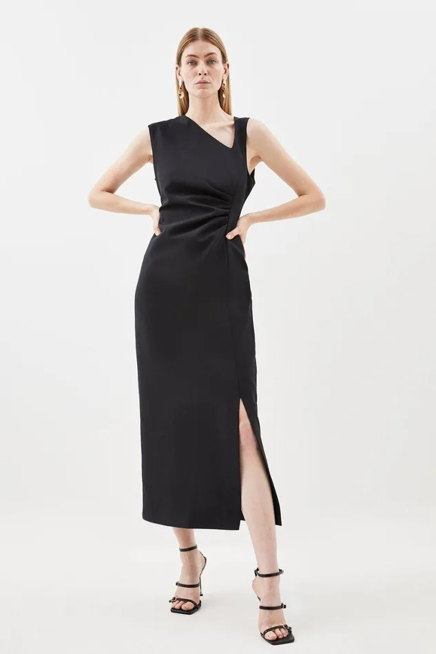 Dresses Women Karen Millen Compact Stretch Tailored Envelope Neck Column Midi Dress Black