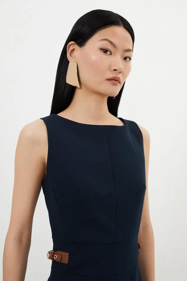 Dresses Women Karen Millen Compact Stretch Tailored Pu Tab Detail Midi Dress Midnight