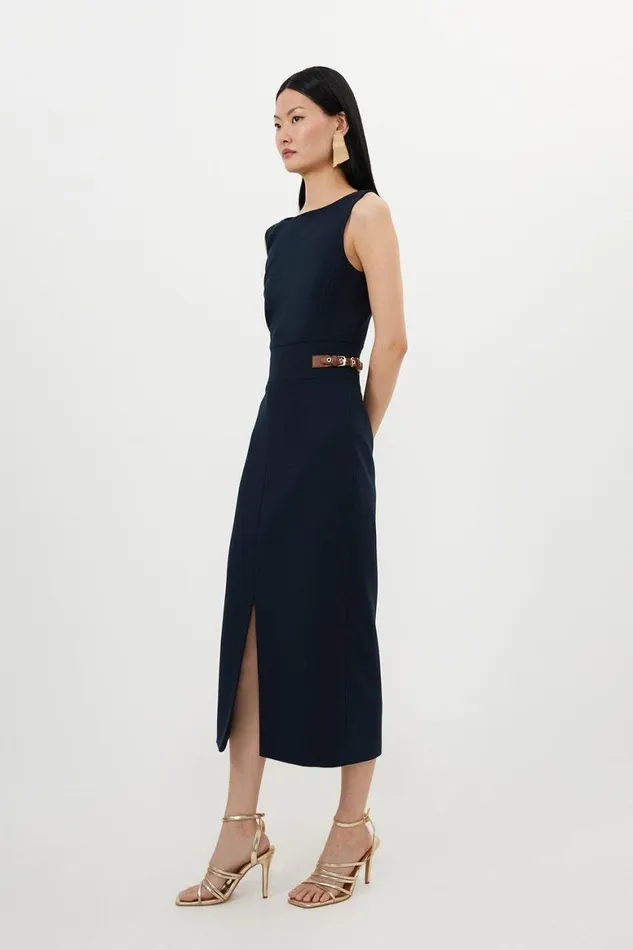 Dresses Women Karen Millen Compact Stretch Tailored Pu Tab Detail Midi Dress Midnight