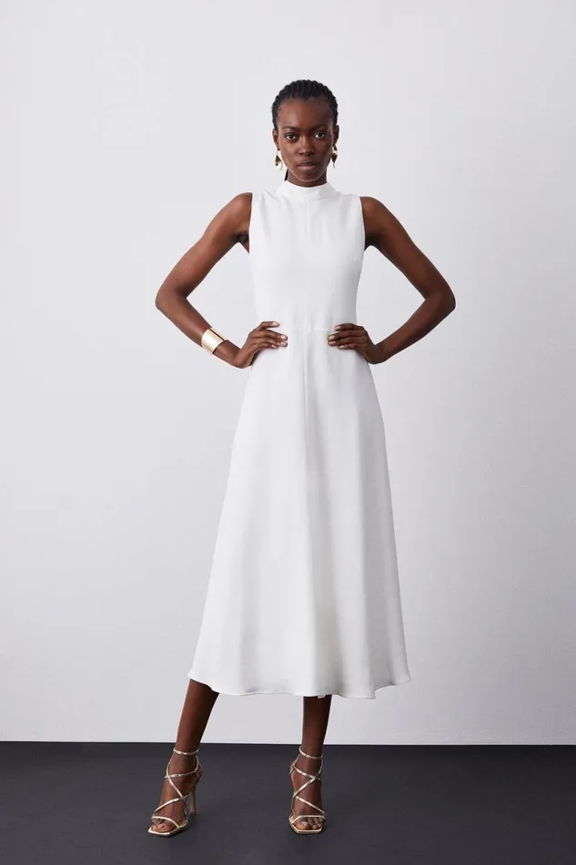 Dresses Women Karen Millen Compact Stretch Viscose Tailored High Neck Tie Detail Midi Dress Ivory Dresses Women Karen Millen Compact Stretch Viscose Tailored High Neck Tie Detail Midi Dress Ivory