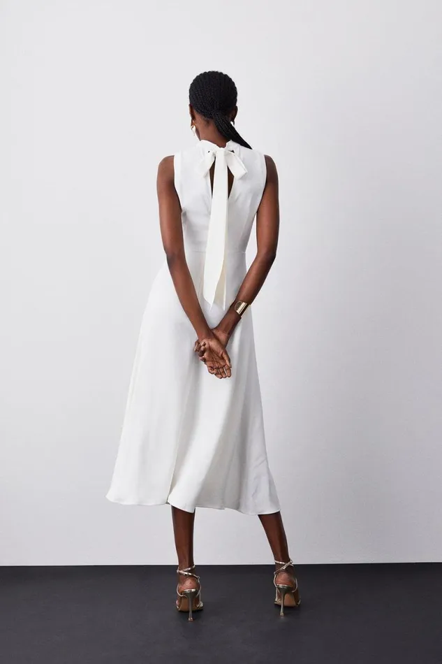 Dresses Women Karen Millen Compact Stretch Viscose Tailored High Neck Tie Detail Midi Dress Ivory