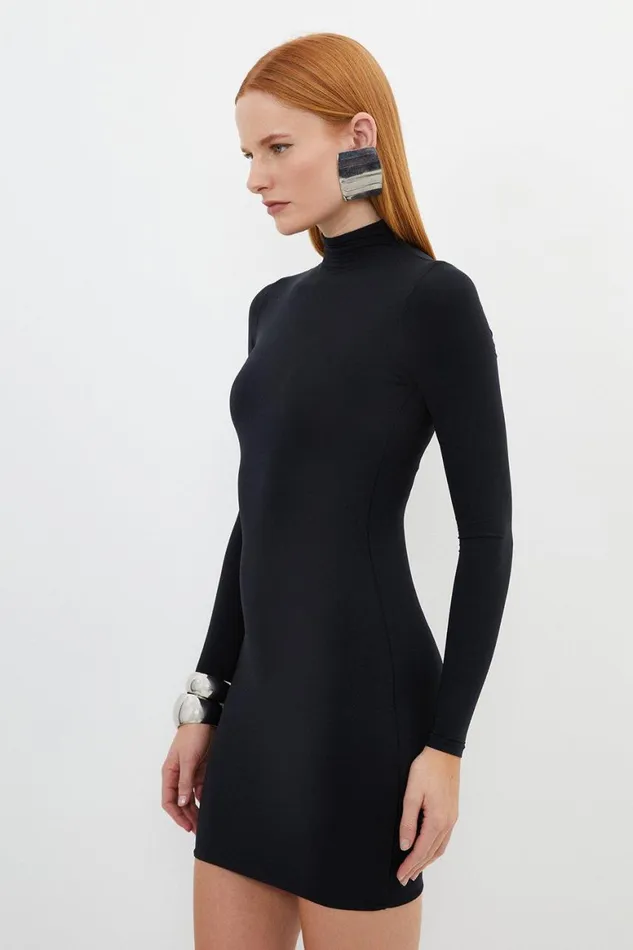 Dresses Women Karen Millen Contour Jersey High Neck Long Sleeve Mini Dress Black