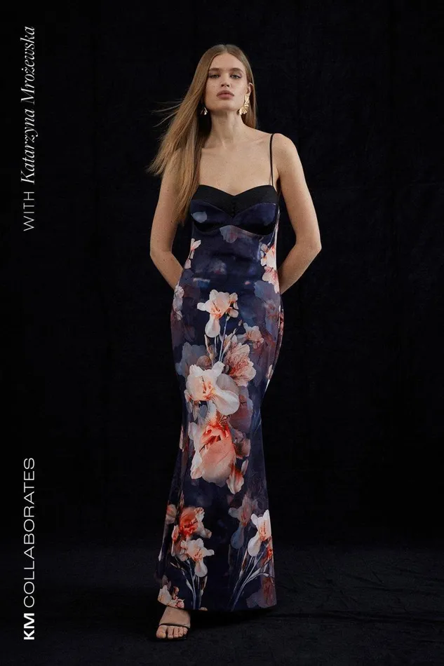 Dresses Women Karen Millen Contrast Satin Floral Bustier Woven Midi Dress Floral Dresses Women Karen Millen Contrast Satin Floral Bustier Woven Midi Dress Floral