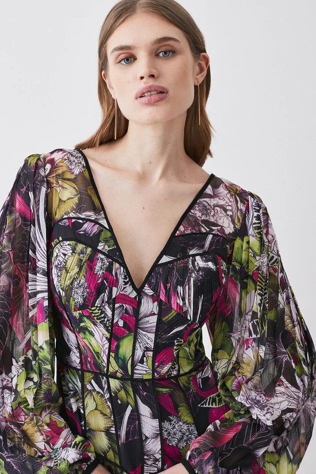 Dresses Women Karen Millen Corset Detail Floral Pleated Woven Maxi Dress Multi