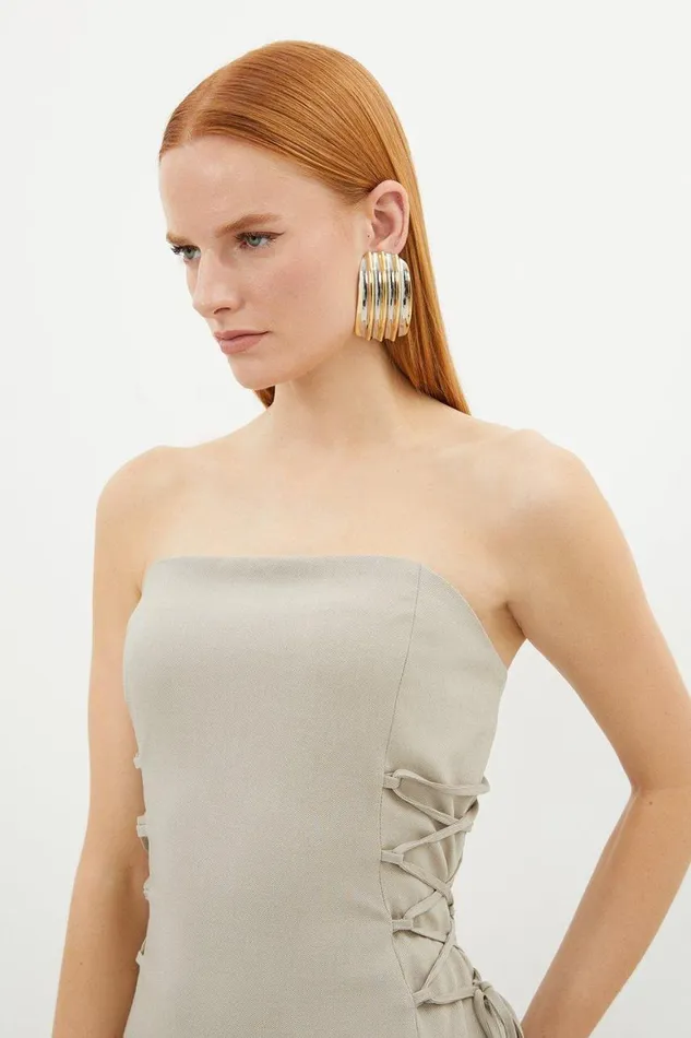 Dresses Women Karen Millen Corseted Tie Side Detail Tailored Bandeau Midi Dress Stone