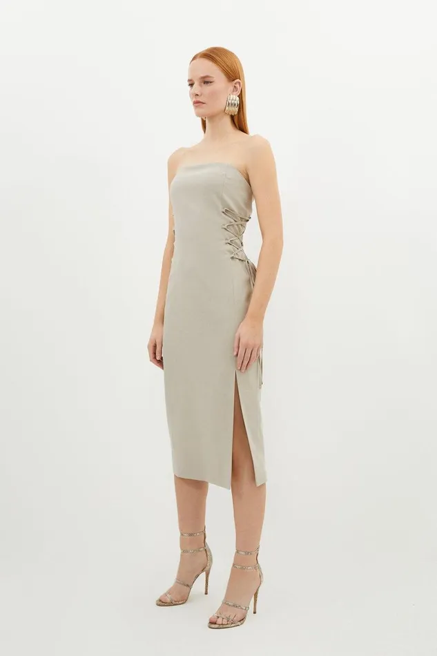 Dresses Women Karen Millen Corseted Tie Side Detail Tailored Bandeau Midi Dress Stone